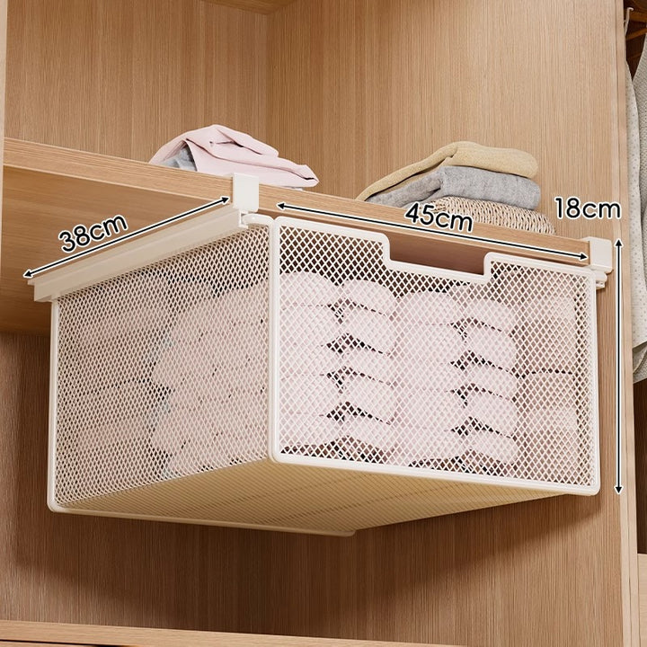 Under-Shelf Pull-Out Metal Mesh Closet Basket Organizer with Clamp Rail