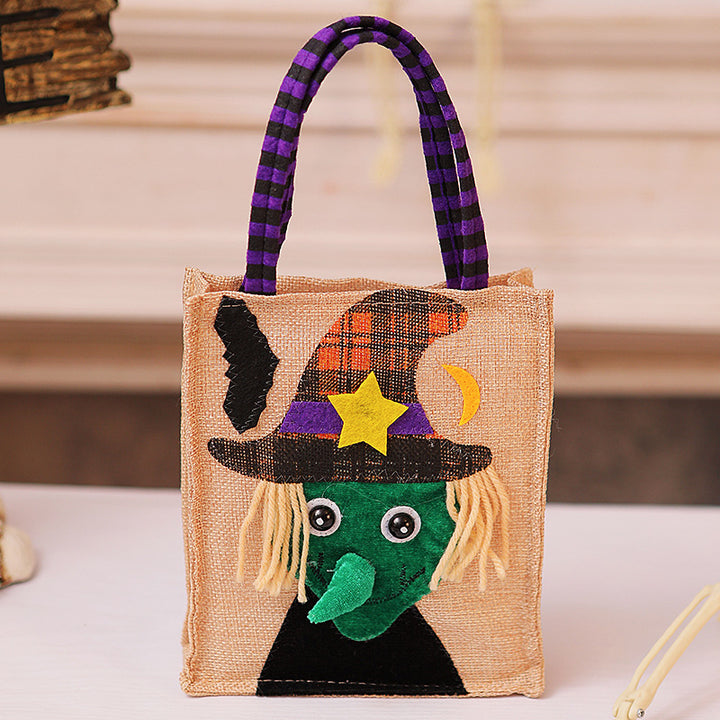 Halloween-Jute bag with stitched black cat and striped carrying handles