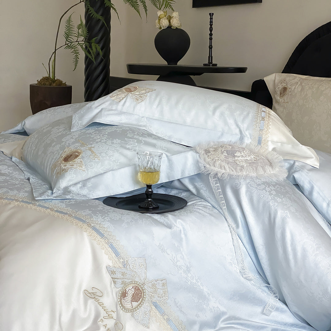 Luxurious satin bedding set with fine embroidery and pillowcases