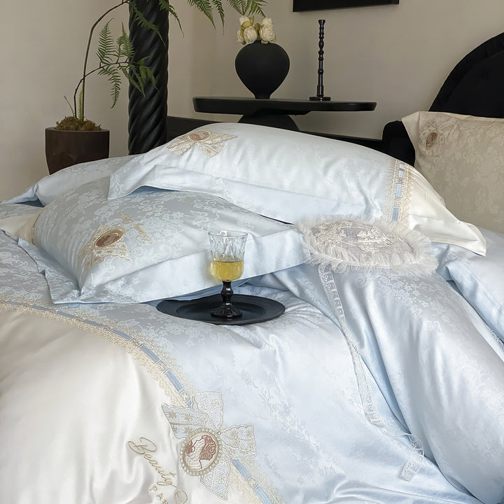 Luxurious satin bedding set with fine embroidery and pillowcases