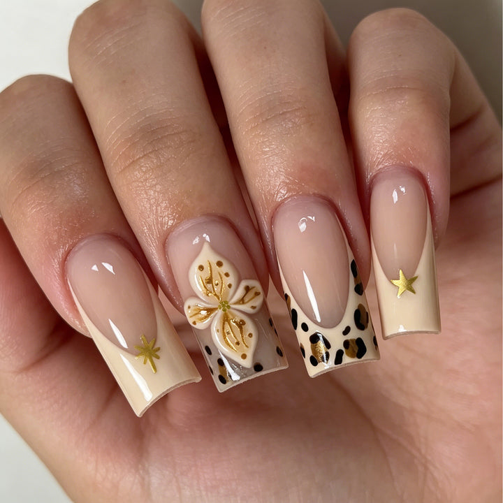 Decorative Acrylic Nail Extensions with Floral and Leopard Design Kalsten