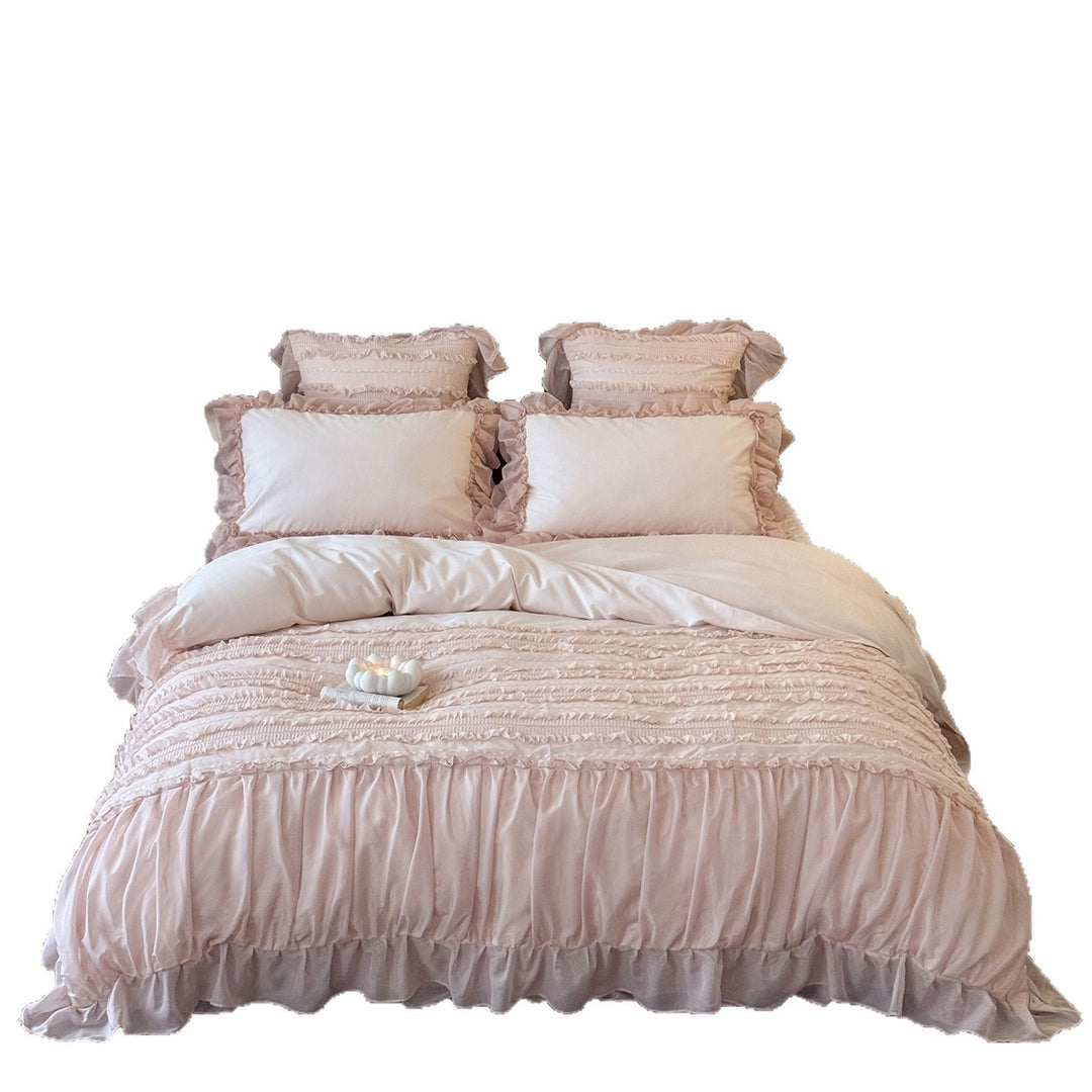 Romantic bedding complete set with ruffled bedspread, ruffle bed skirt, and decorative pillow
