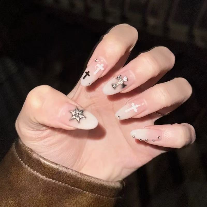 Artistic Cross-Embellished Press-On Nails