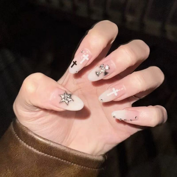 Artistic Cross-Embellished Press-On Nails