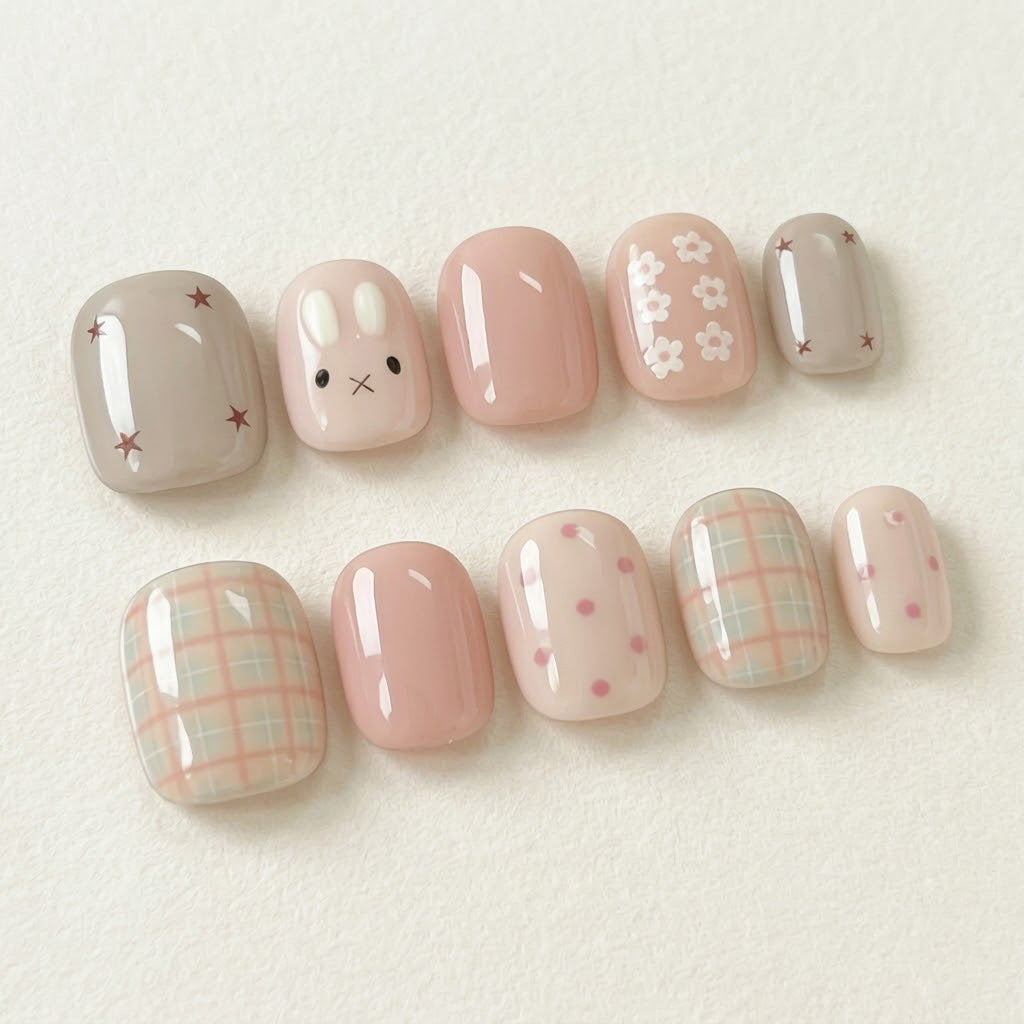 Artistic Press-On Nail Set with Floral and Geometric Designs