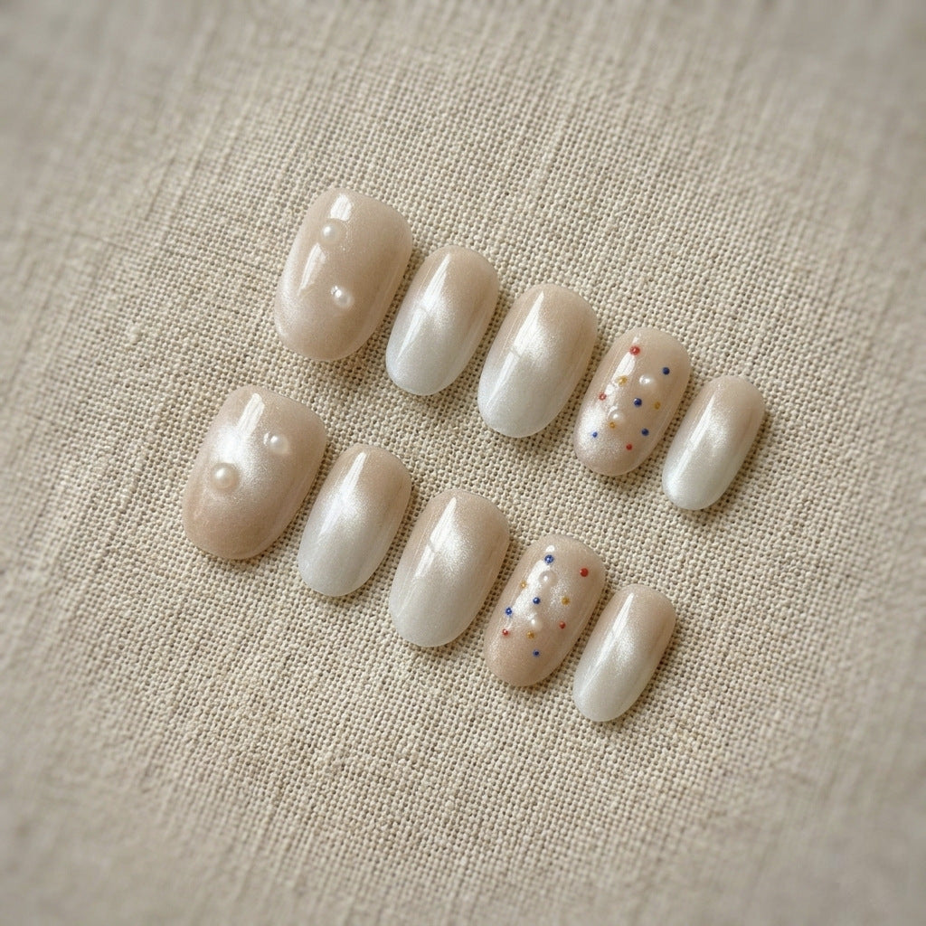 Decorative Press-On Nail Set with Pearlescent and Glitter Accents
