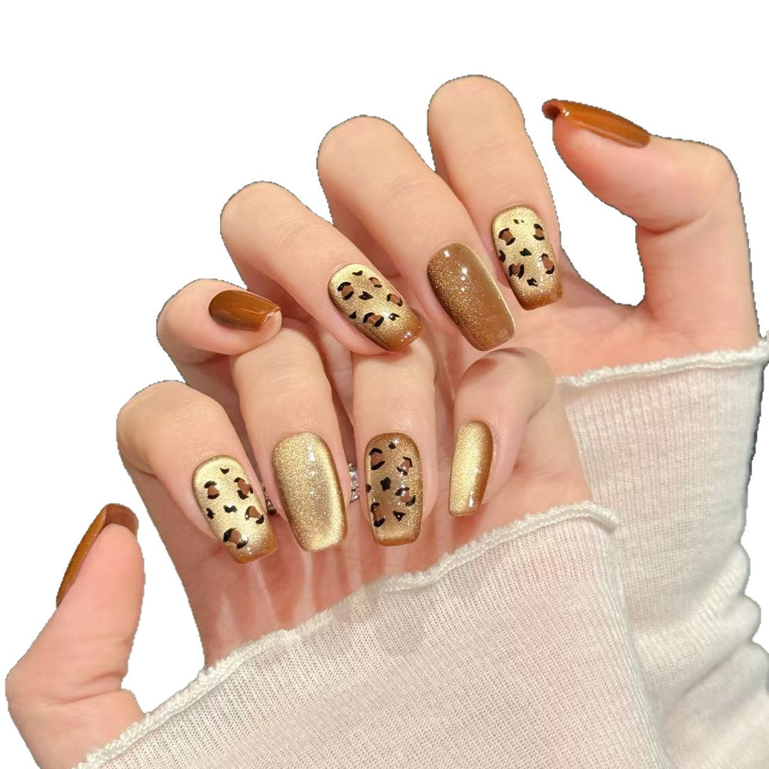 Artistic Press-On Nail Set with Glitter and Leopard Patterns