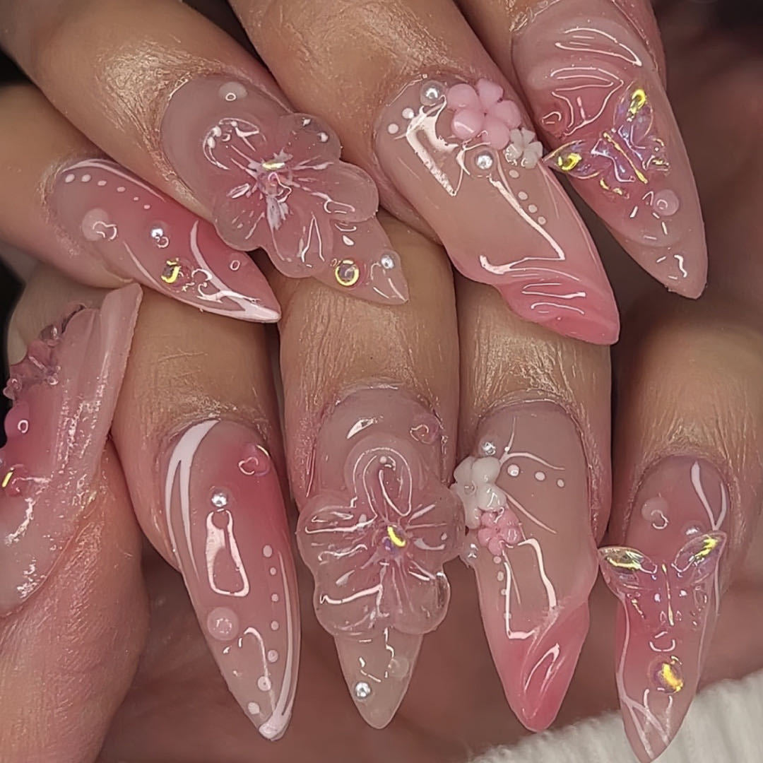 Floral 3D Acrylic Nail Extensions Kalsten