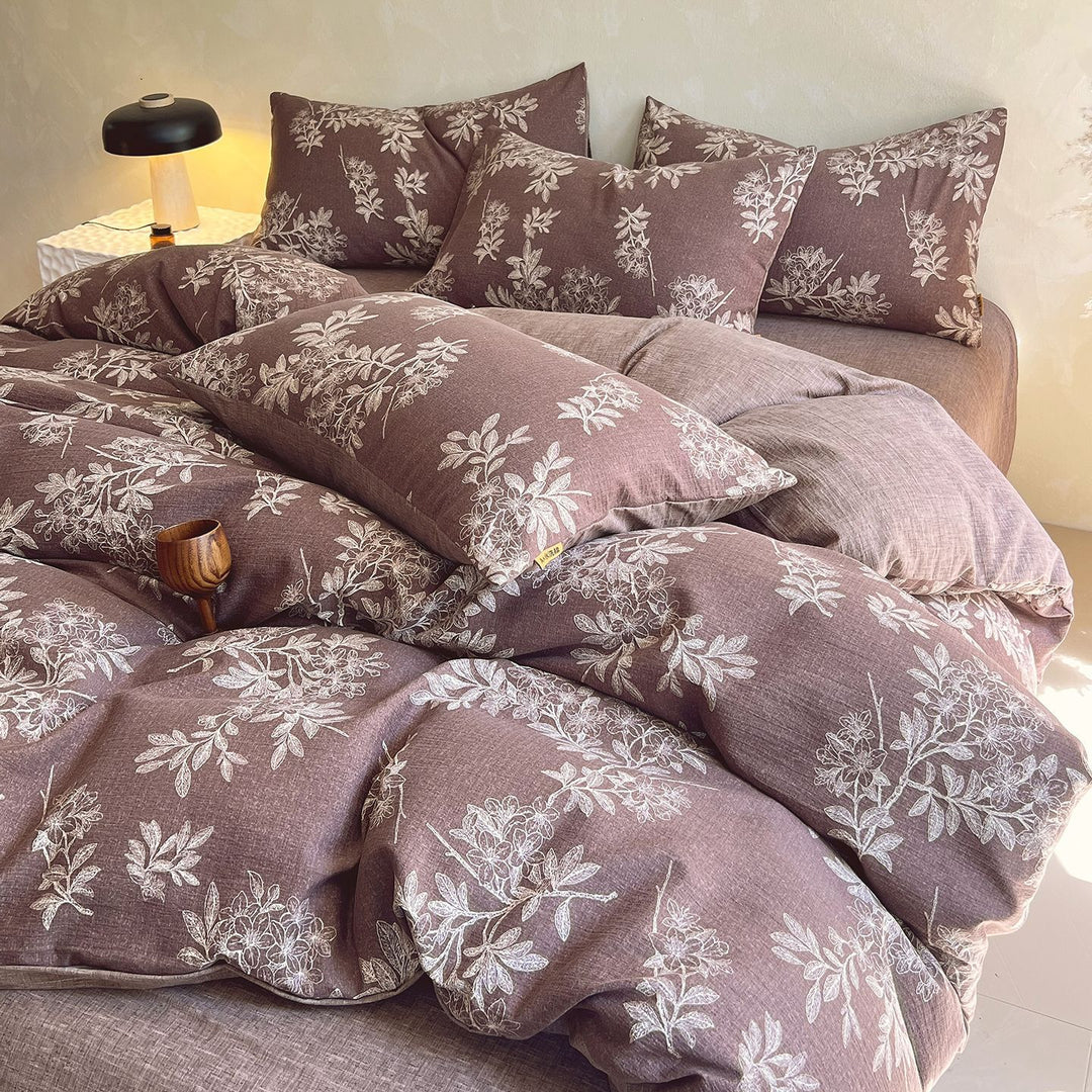 Floral Butterfly Duvet Cover Set With Brushed Cotton‑Blend Linen Texture And Corner Tie Pillowcase Ensemble