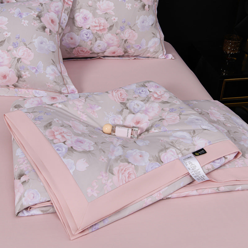 Floral Cotton Sateen Duvet Cover Set With Piped Border And Matching Pillow Shams