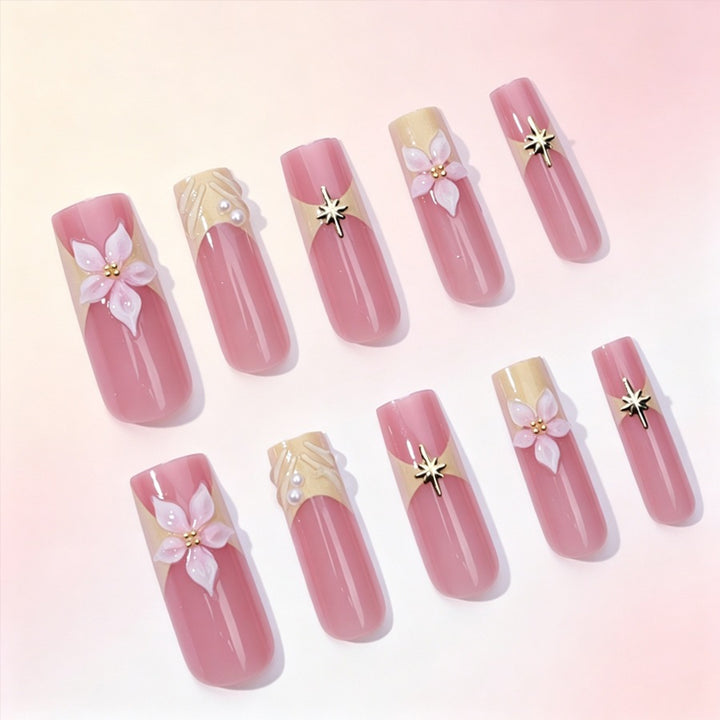 Artificial nail set with delicate flower and glitter elements Kalsten
