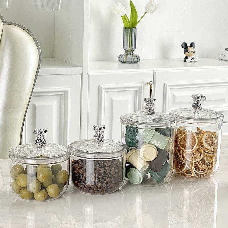 Round acrylic storage container with bear lid for chocolates and sweets