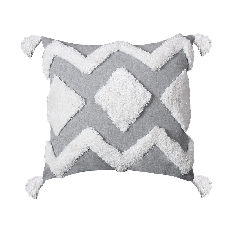 Decorative Boho Textured Lumbar Throw Pillow with Zigzag Tufted Crochet and Knotted Fringe