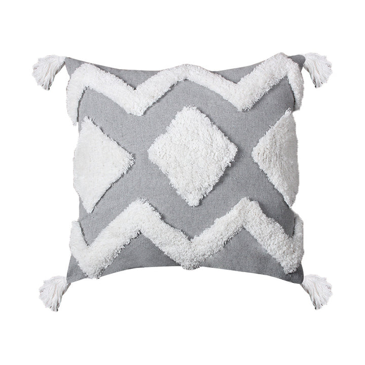 Decorative Boho Textured Lumbar Throw Pillow with Zigzag Tufted Crochet and Knotted Fringe