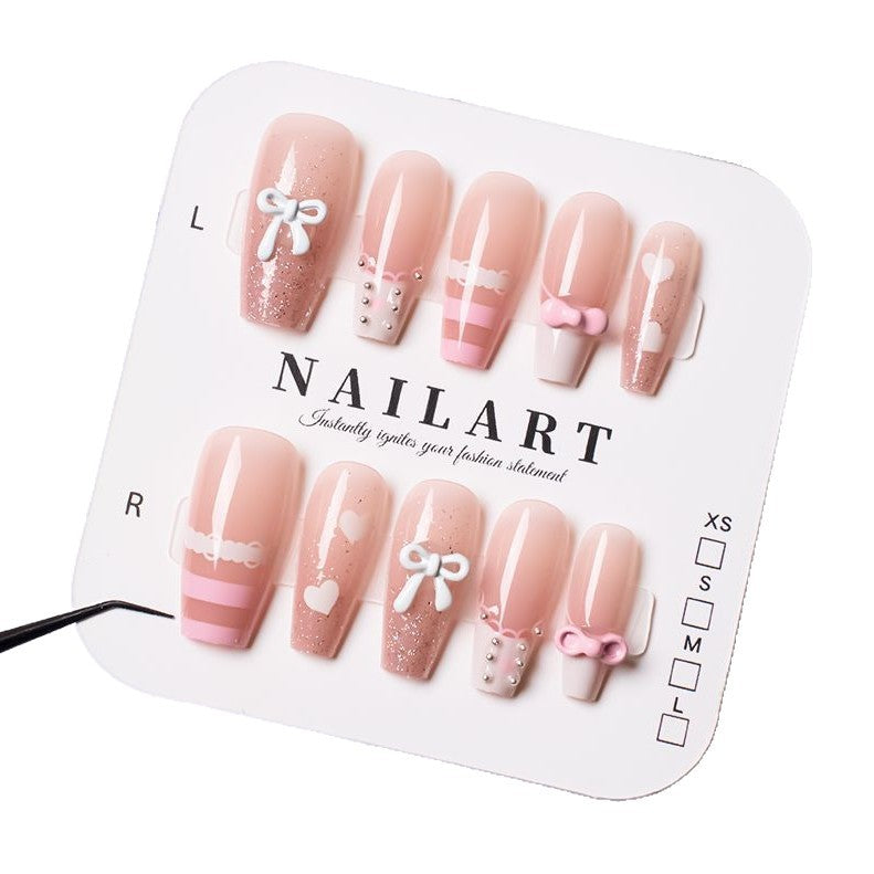 Decorative Press-On Nail Set with Bow and Heart Designs Kalsten