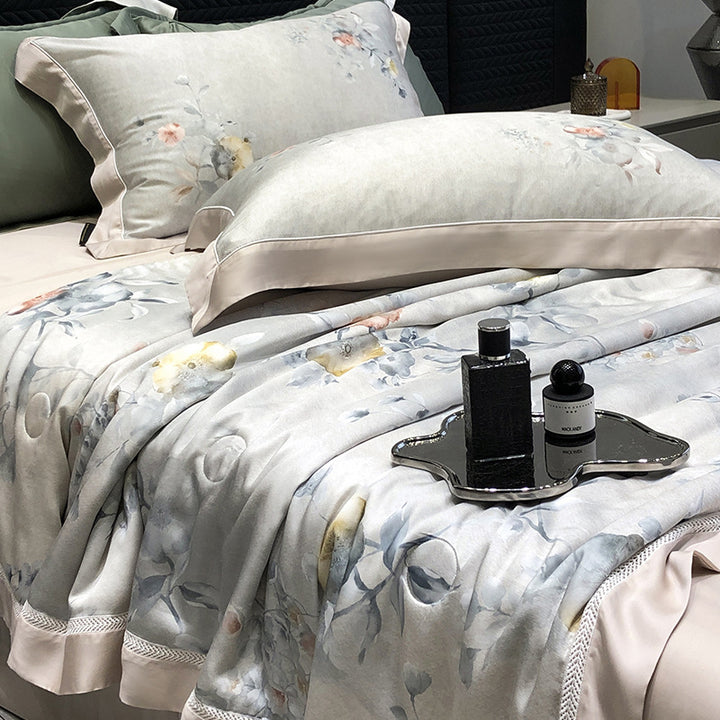 Luxurious cotton satin bedding set with floral watercolor print and fine satin trim