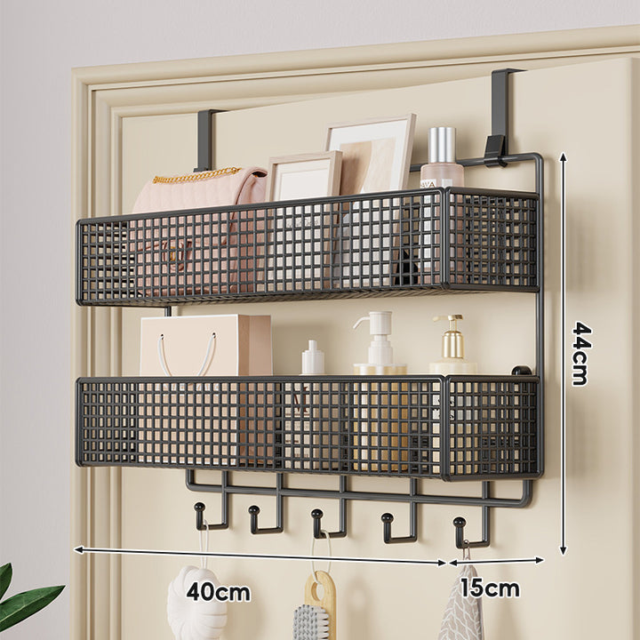 Over-Door Hanging Double-Tier Ventilated Mesh Storage Basket Organizer with Hooks