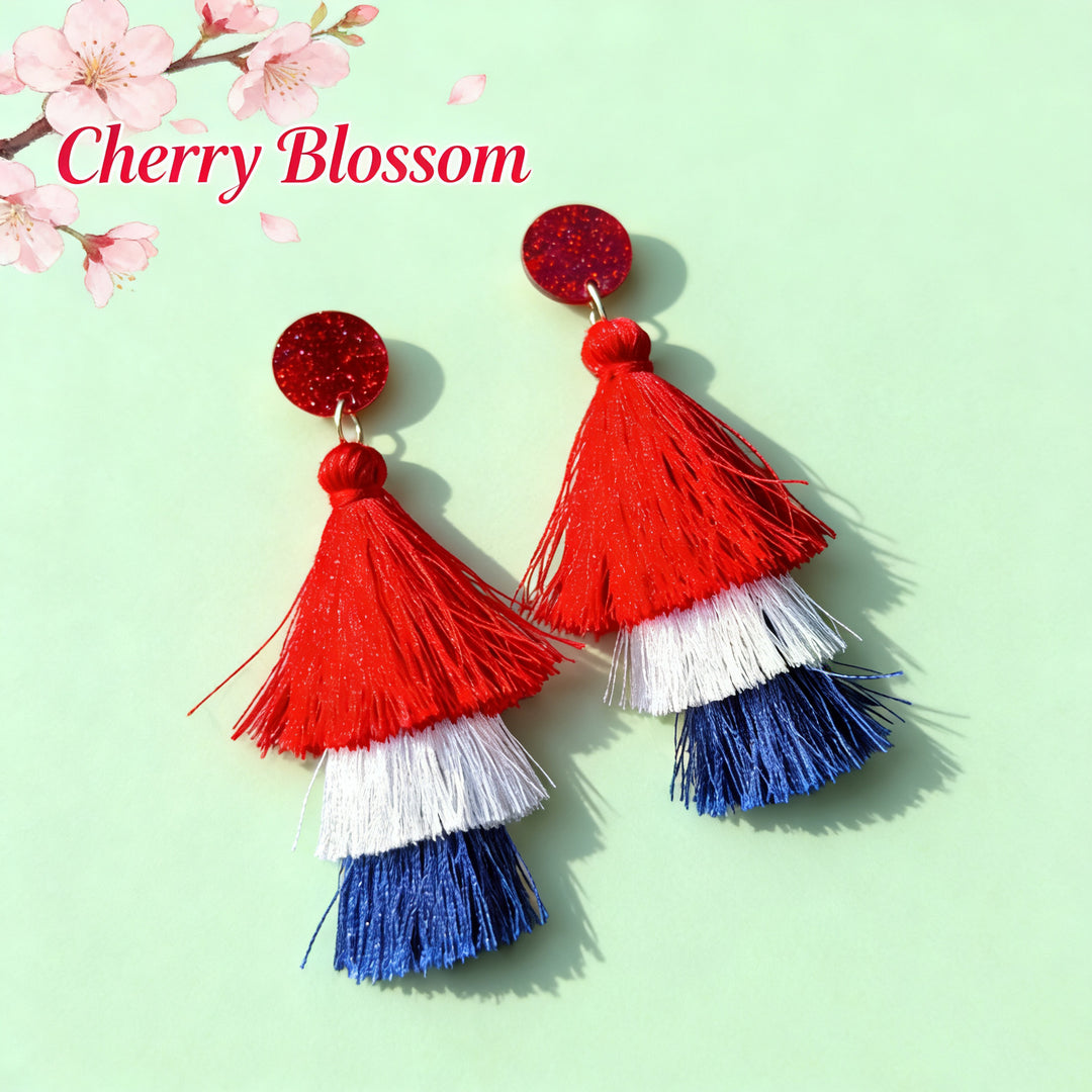 Women's nan tiered fringe tassel statement drop earrings with glitter disc stud and layered silk-like threads Kalsten