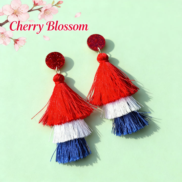 Women's nan tiered fringe tassel statement drop earrings with glitter disc stud and layered silk-like threads Kalsten
