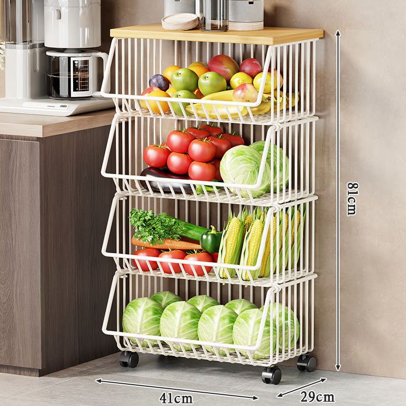 Multi-Tier Rolling Kitchen Pantry Cart with Wood Top and Deep Wire Storage Baskets
