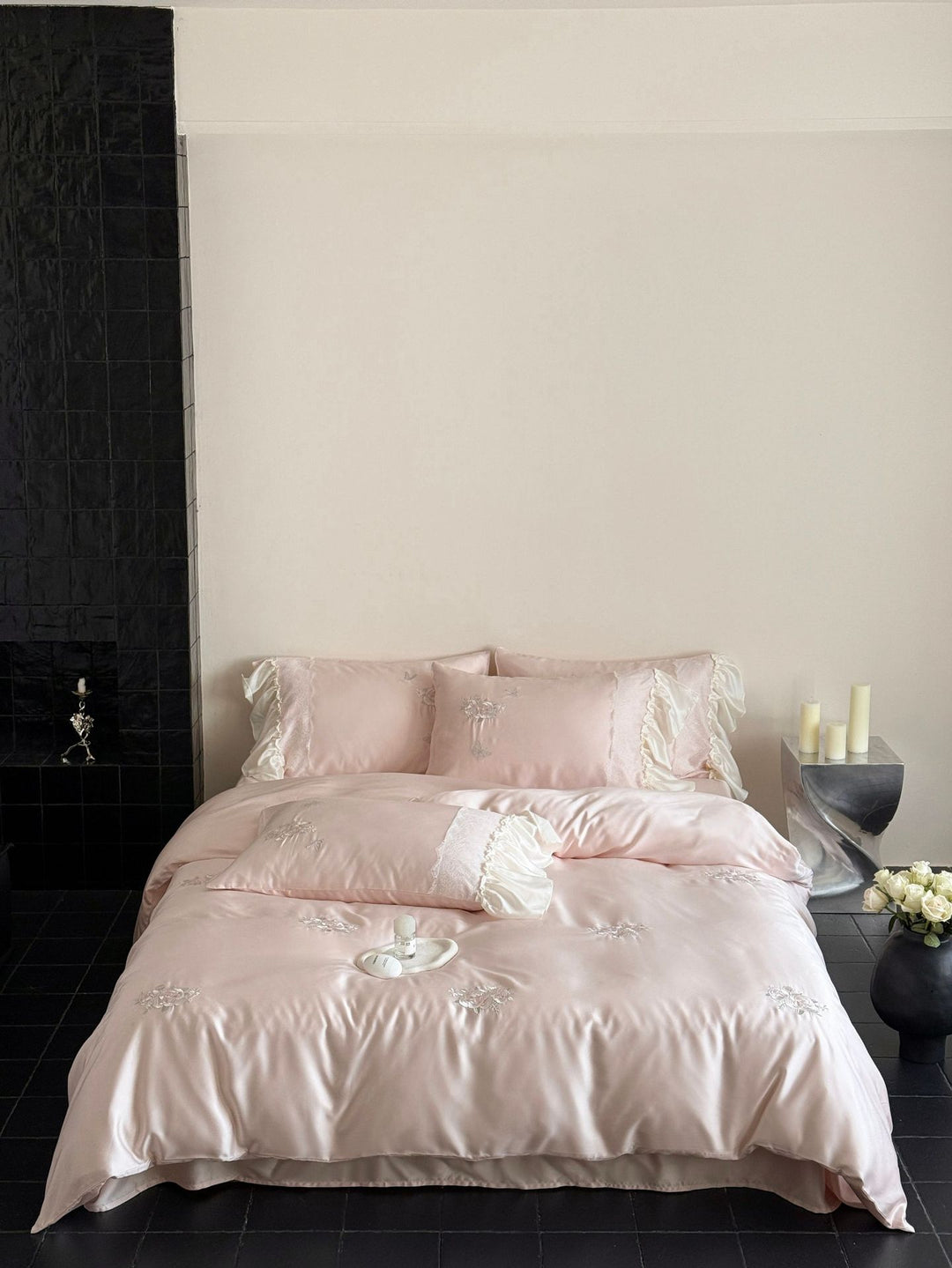 Luxurious satin bedding set with ruffles and embroidery Kalsten