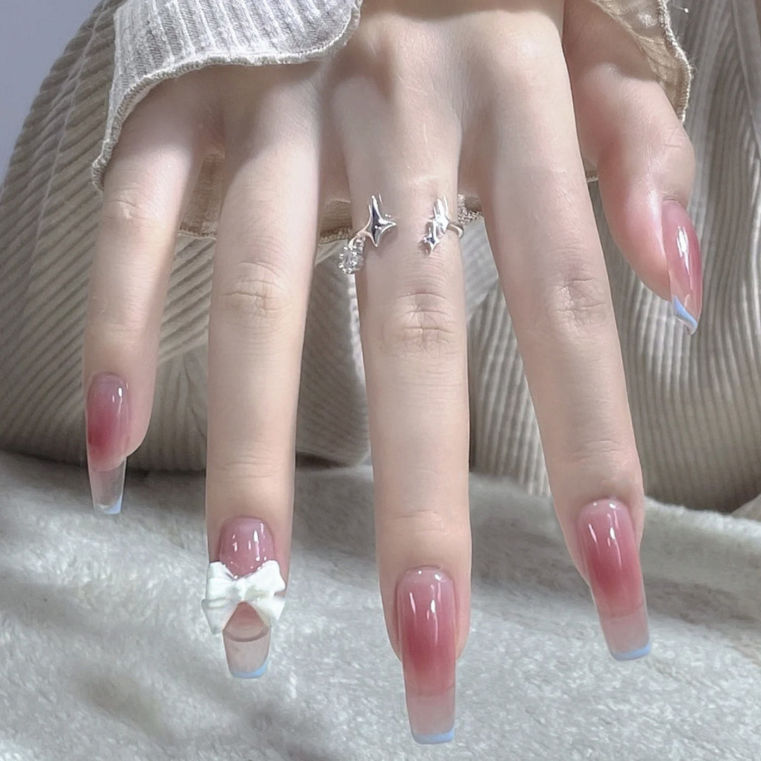 Elegant Long Coffin Press-On Nails with Bow Accents