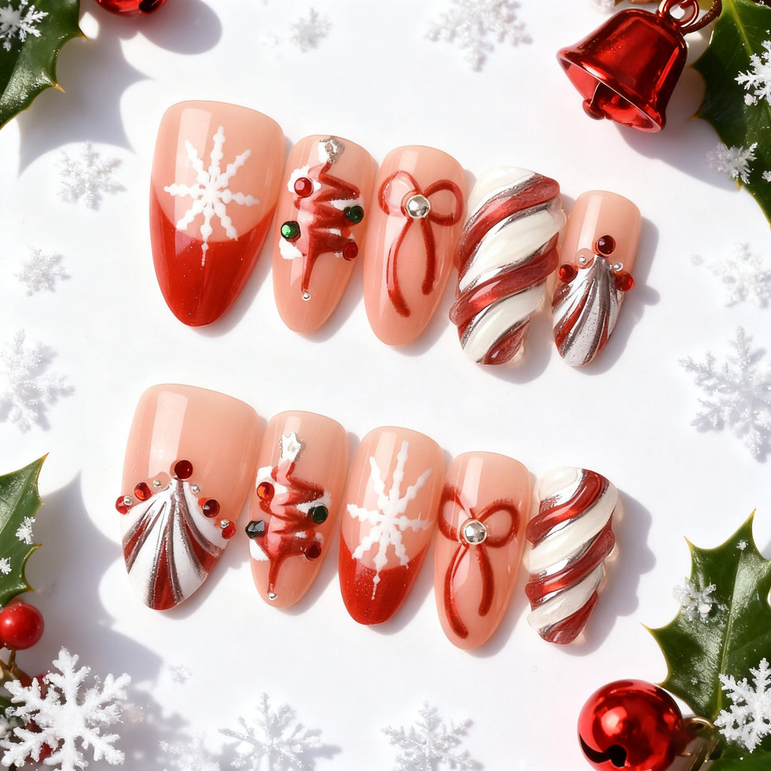 Holiday-Themed Press-On Nail Art Set with Festive Charms