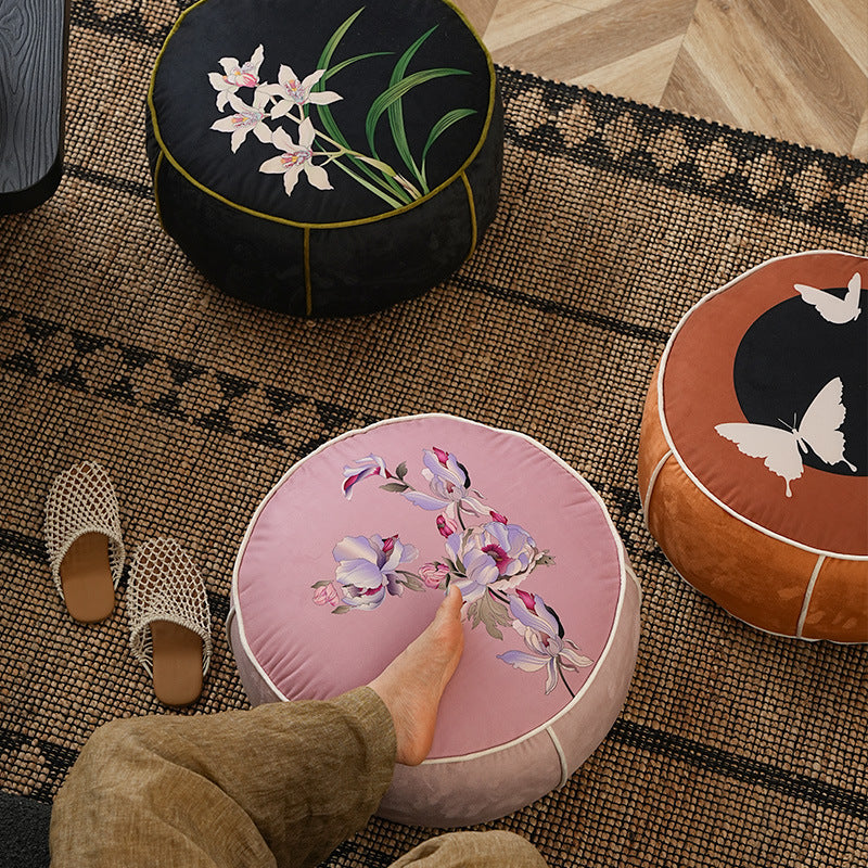 Beef meditation and seat pouf with orchid print and decorative piping