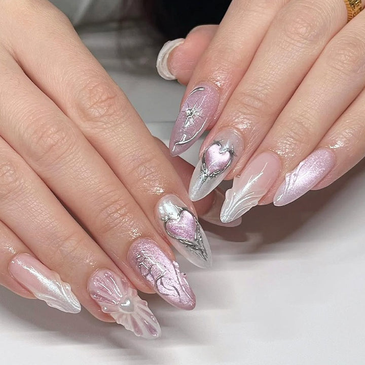 Artificial nail set with floral accents and glittering details Kalsten