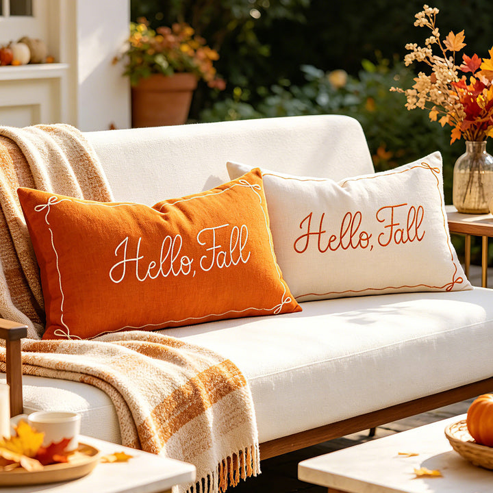 Embroidered Hello Fall Linen-Look Lumbar Throw Pillow Cover