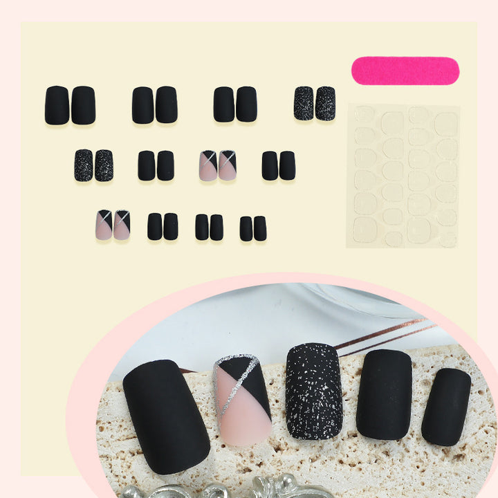 Matte Finish Press-On Nail Set with Glamorous Black and Sparkly Designs Kalsten