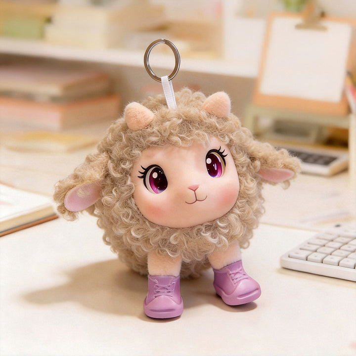 Plush Ram Keychain Charm with Curly Faux-Fur, Sculpted Face, Bell Necklace and Metal Ring Kalsten
