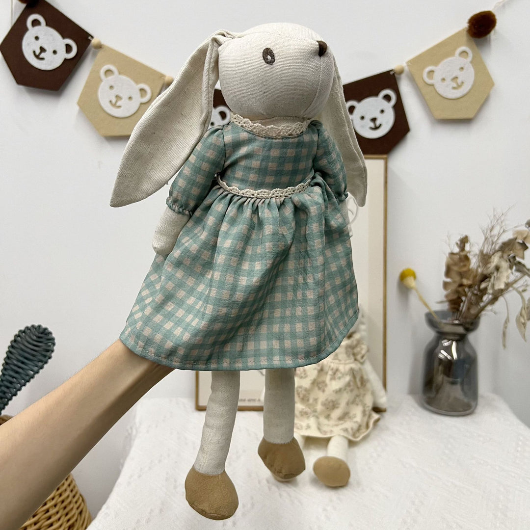 Handcrafted Linen Bunny Rag Doll with Long Ears and Gingham Dress