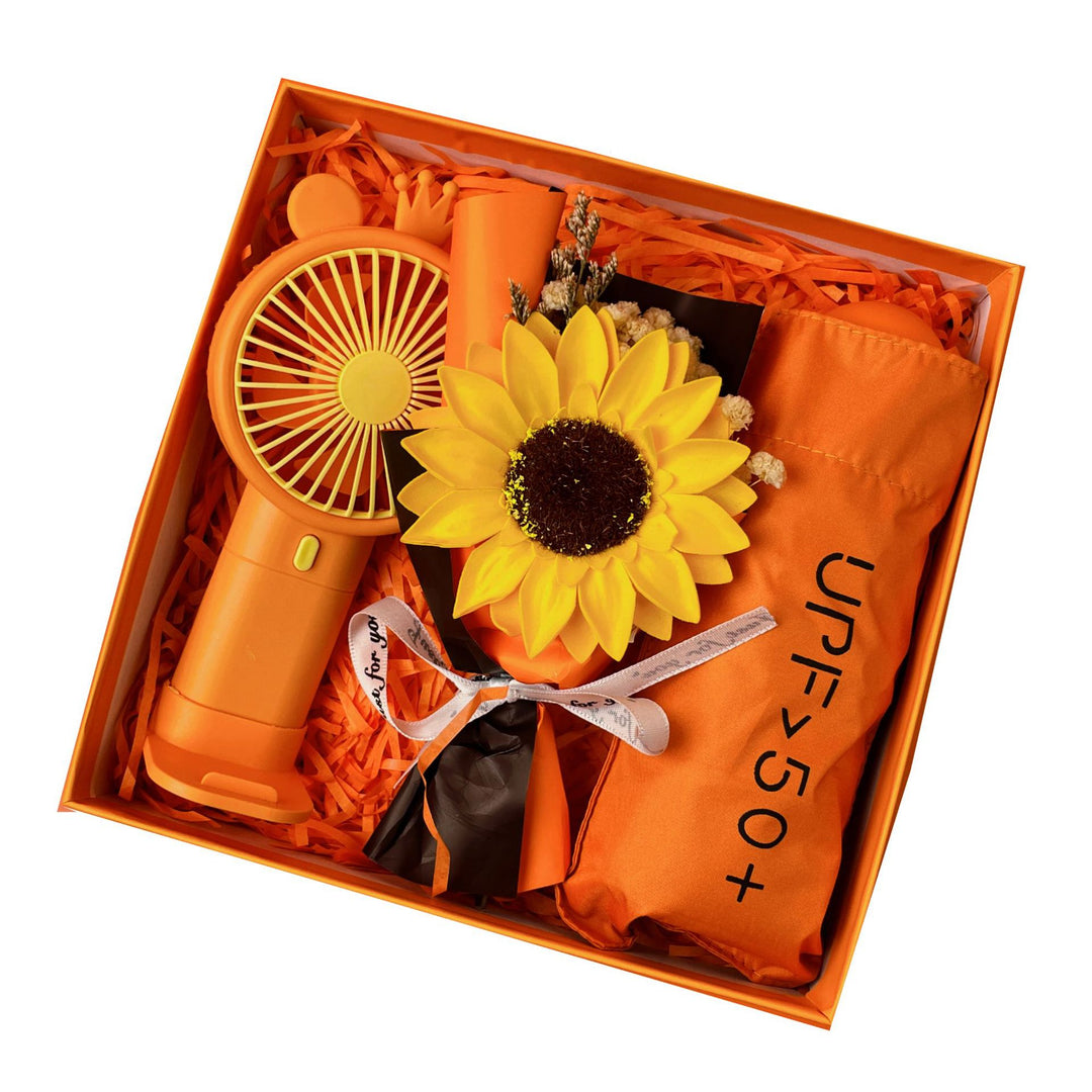 Unisex multifunctional gift box with a portable fan, a glass mug, and a towel from Kalsten