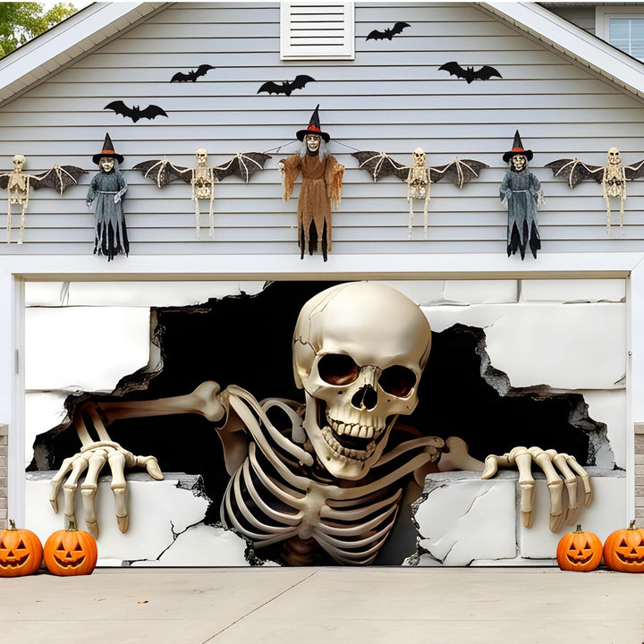 Large-format Halloween photo background made of weatherproof polyester with grommeted fastening edge and bright Haunted House motif