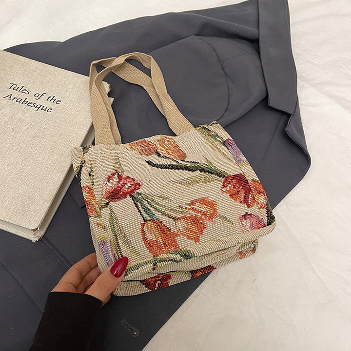 Floral Embroidered Shoulder Tote Bag
