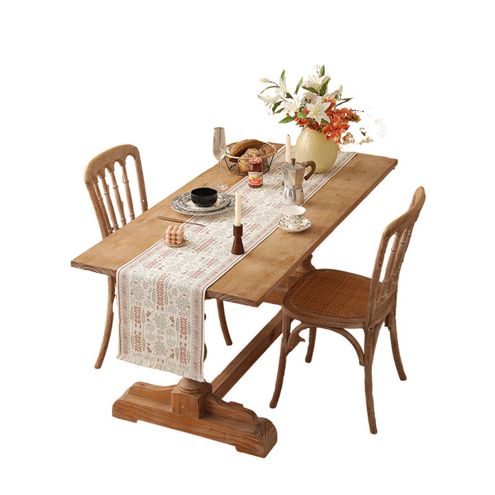 Jacquard table runner with floral border pattern and fringes