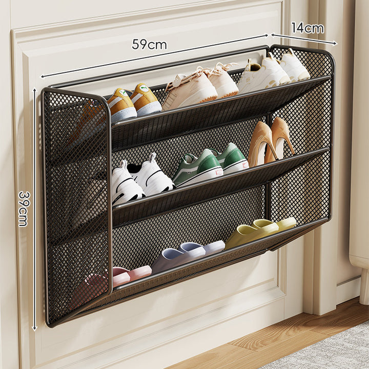 Wall-Mounted Fold-Down Mesh Shoe Shelf Organizer for Slim Entryways