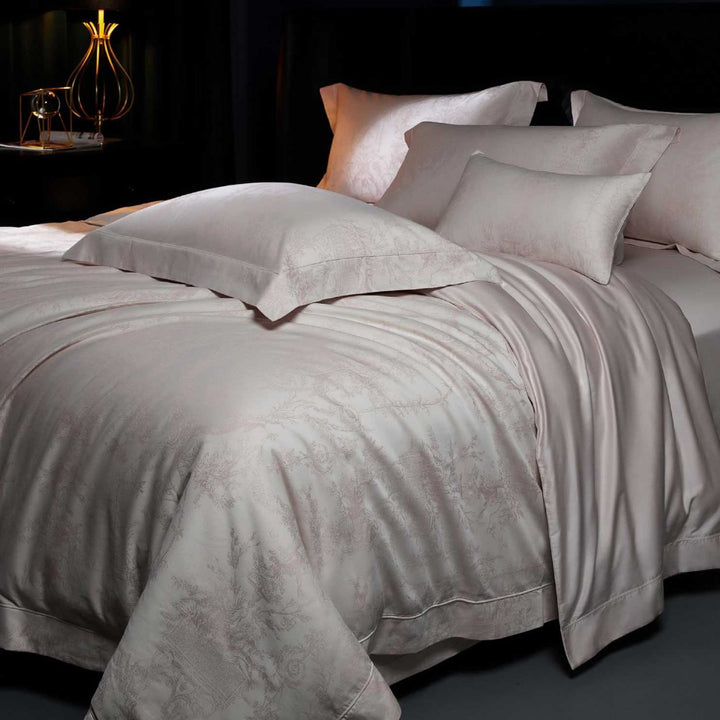 Fine woven jacquard bedding set with tone-on-tone ornamentation and flap edge