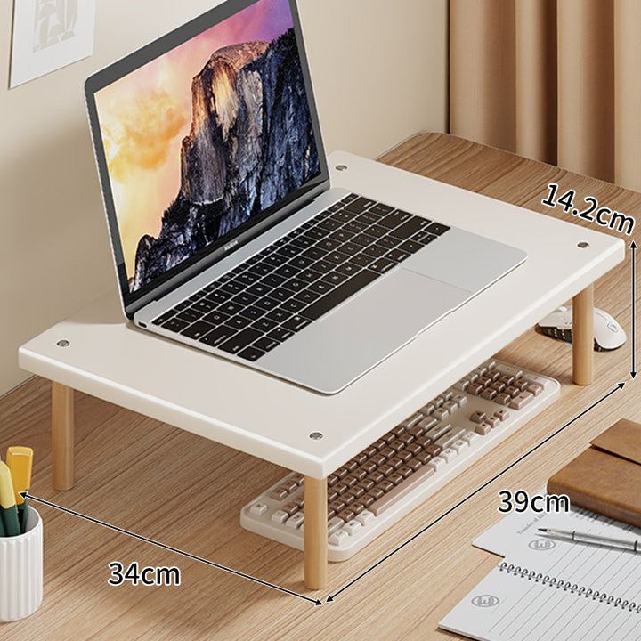 Compact Desktop Laptop and Monitor Riser with Under-Keyboard Storage and Wood Legs