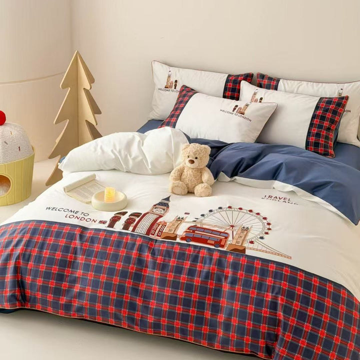 Bedding set with London motif and checked reversible sides