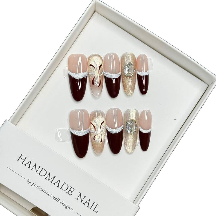 Artistic Press-On Nail Art Collection with Gem Accents