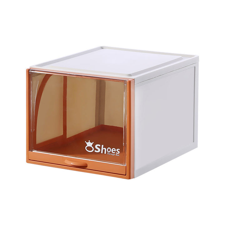 Modular stackable shoe storage box with transparent flap front pocket