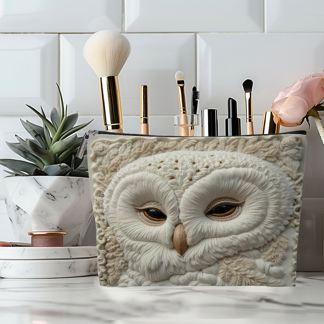 Embroidered Owl Textured Makeup Pouch With Zipper And Water-Resistant Lining