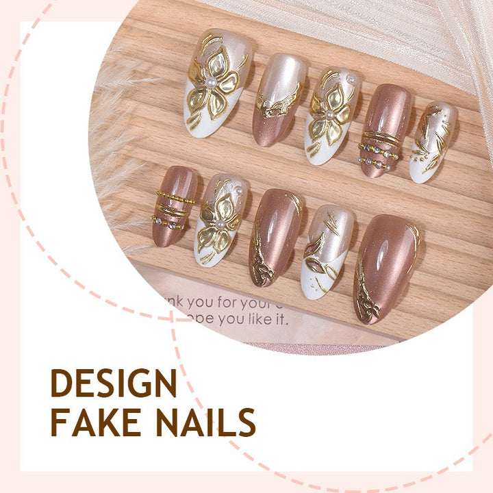 Designer artificial nail set with floral accents and glittering details Kalsten
