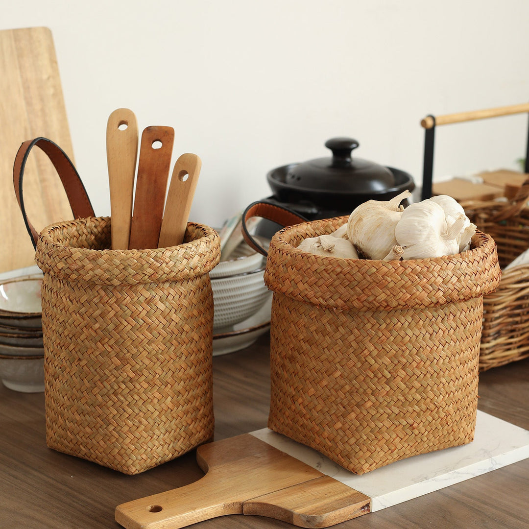 Handwoven Natural Storage Bin with Leather Trim Kalsten