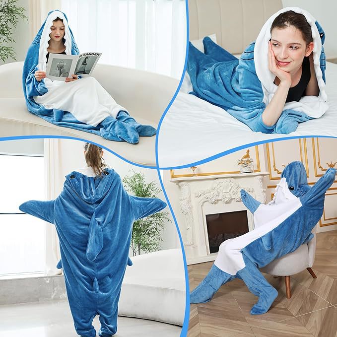 Plush Hooded Shark Wearable Sleeping Bag With Fleece Flannel Lining And 3D Tail