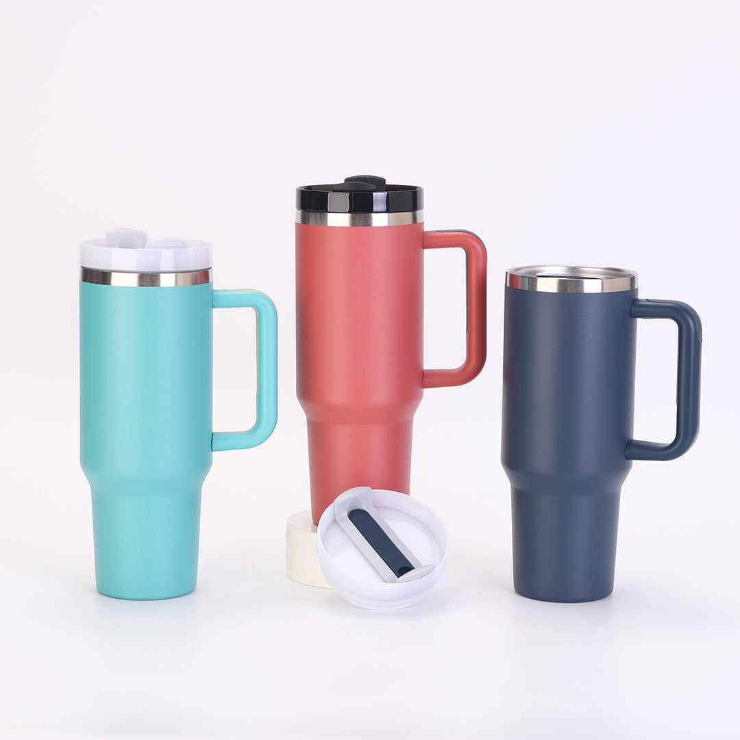 Insulated Stainless Steel Tall Travel Mug With Ergonomic Side Handle And Leak-Resistant Straw Lid