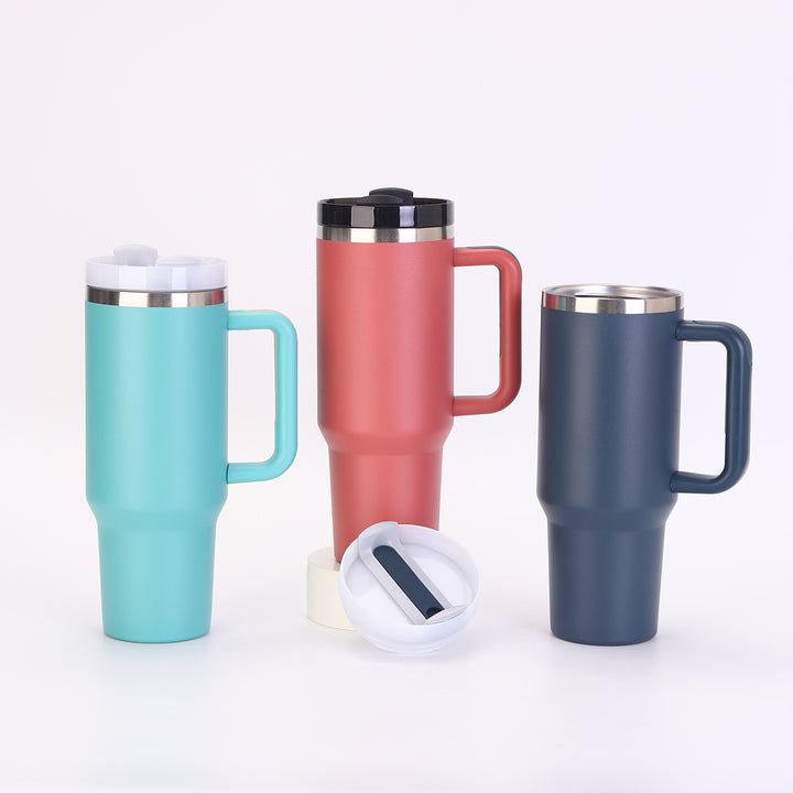 Insulated Stainless Steel Tall Travel Mug With Ergonomic Side Handle And Leak-Resistant Straw Lid
