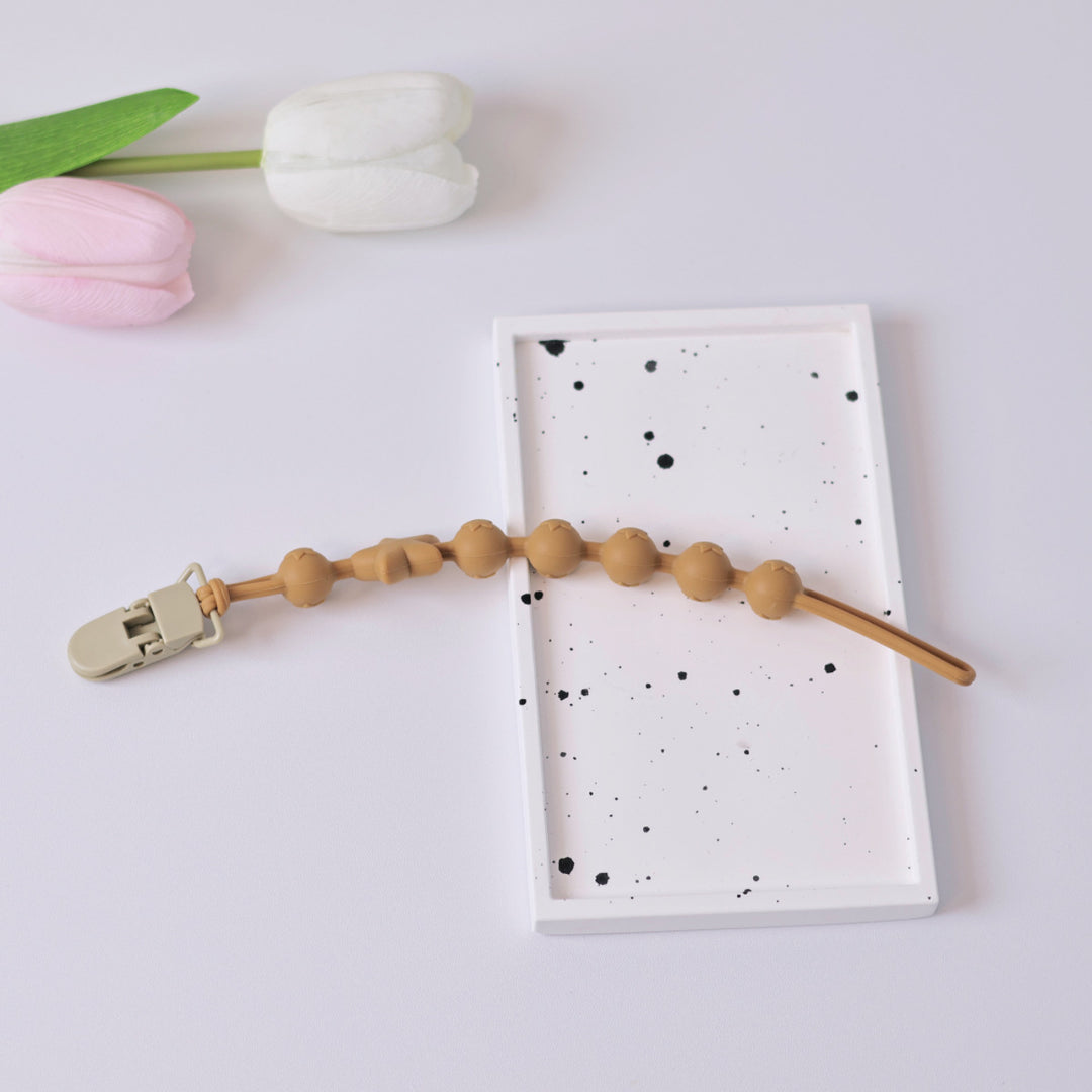 Silicone Star-Bead Pacifier and Teether Clip with Wooden Safety Clamp